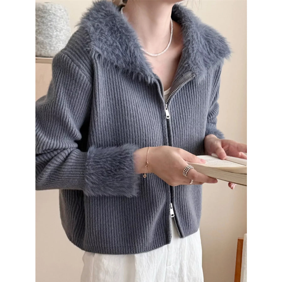 Fluffy Trim Zip-Up Cardigan Apparel and Accessories