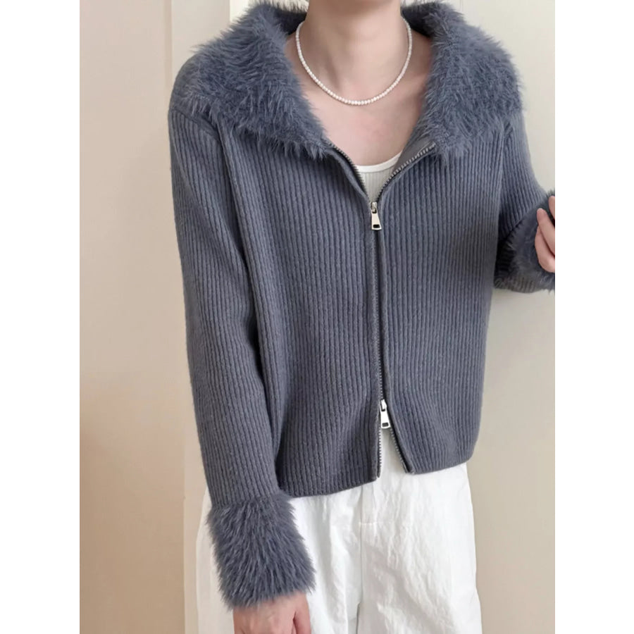 Fluffy Trim Zip-Up Cardigan Apparel and Accessories
