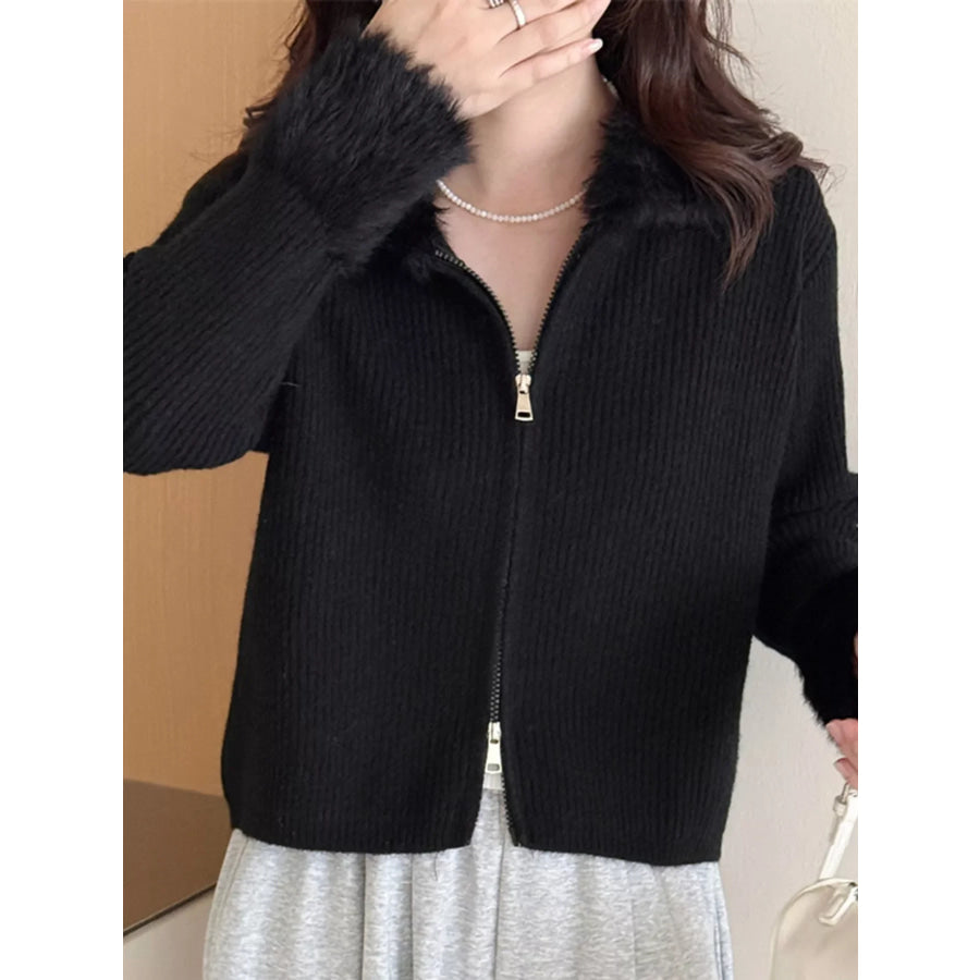 Fluffy Trim Zip-Up Cardigan Apparel and Accessories