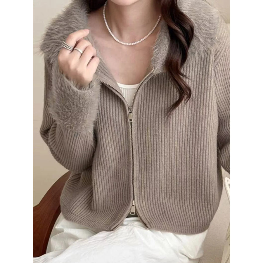 Fluffy Trim Zip-Up Cardigan Apparel and Accessories