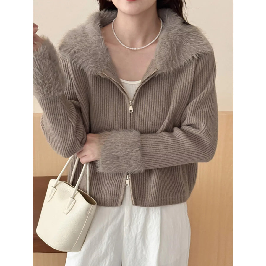 Fluffy Trim Zip-Up Cardigan Apparel and Accessories