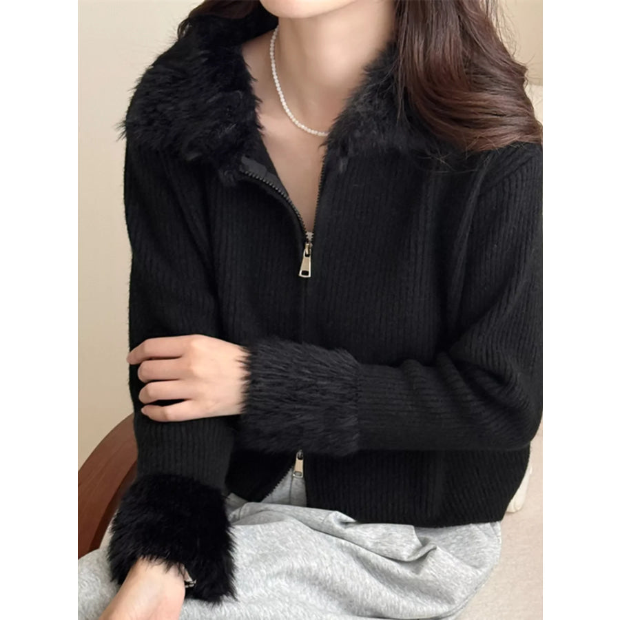 Fluffy Trim Zip-Up Cardigan Apparel and Accessories