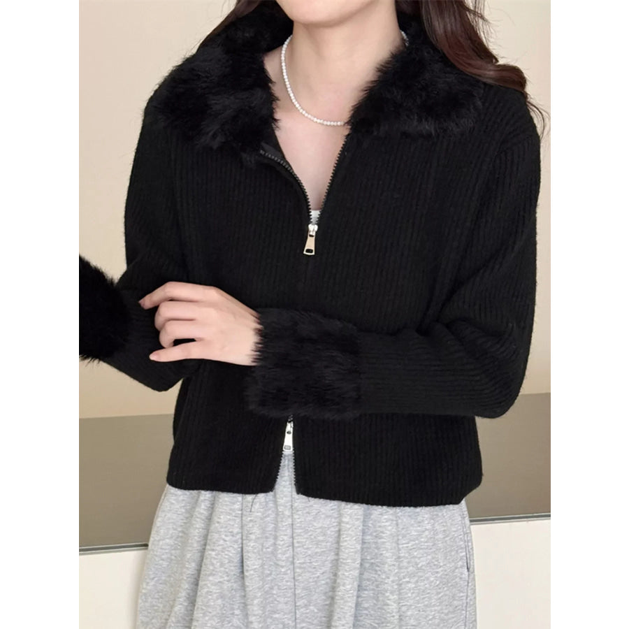 Fluffy Trim Zip-Up Cardigan Apparel and Accessories