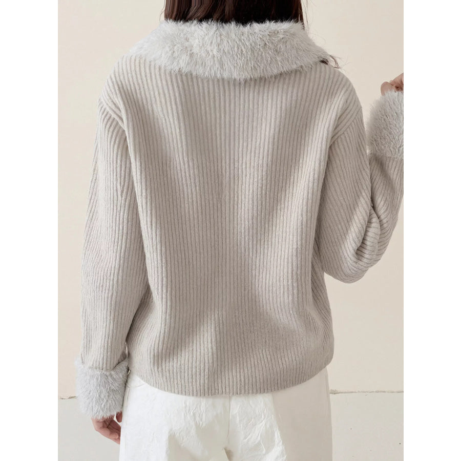 Fluffy Trim Zip-Up Cardigan Apparel and Accessories