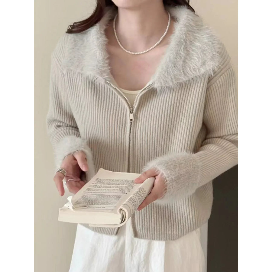 Fluffy Trim Zip-Up Cardigan Beige / One Size Apparel and Accessories