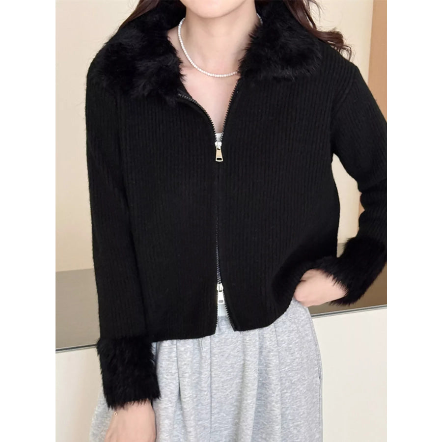 Fluffy Trim Zip-Up Cardigan Black / One Size Apparel and Accessories