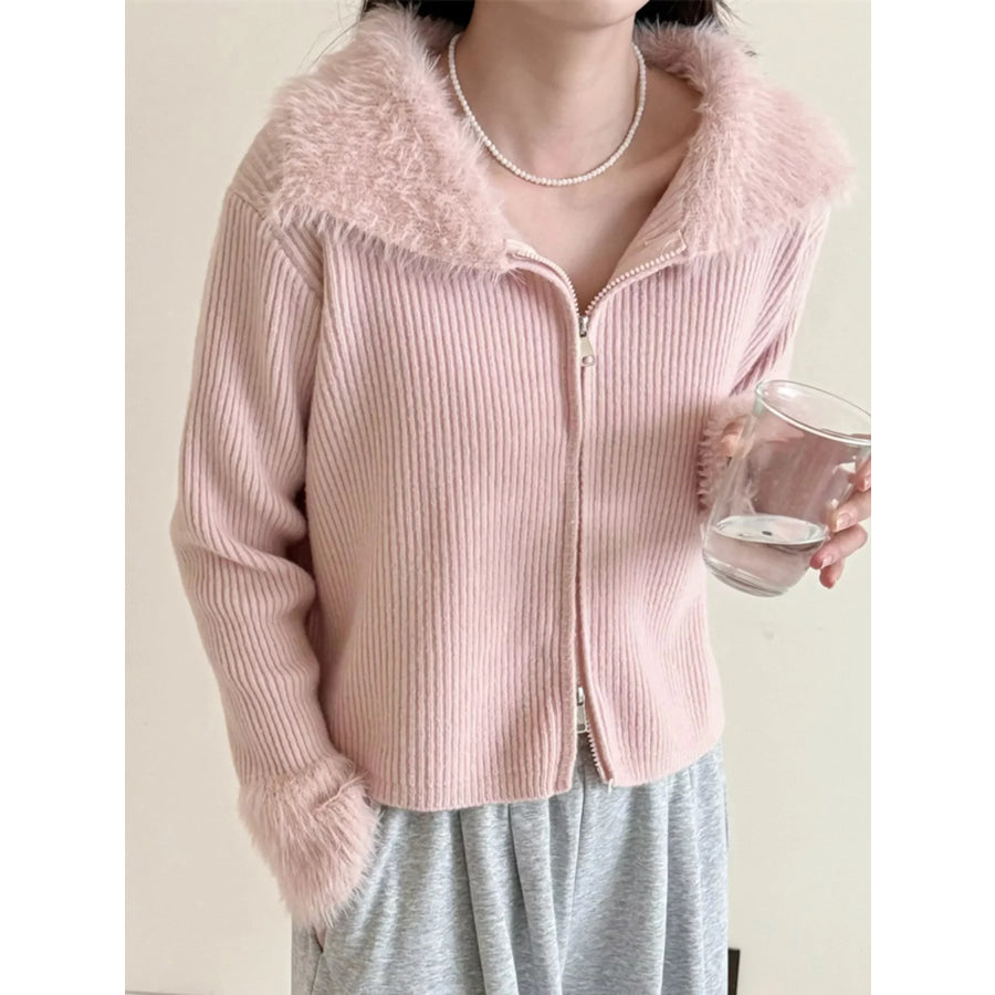 Fluffy Trim Zip-Up Cardigan Blush Pink / One Size Apparel and Accessories