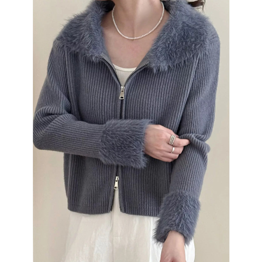 Fluffy Trim Zip-Up Cardigan Dark Navy / One Size Apparel and Accessories