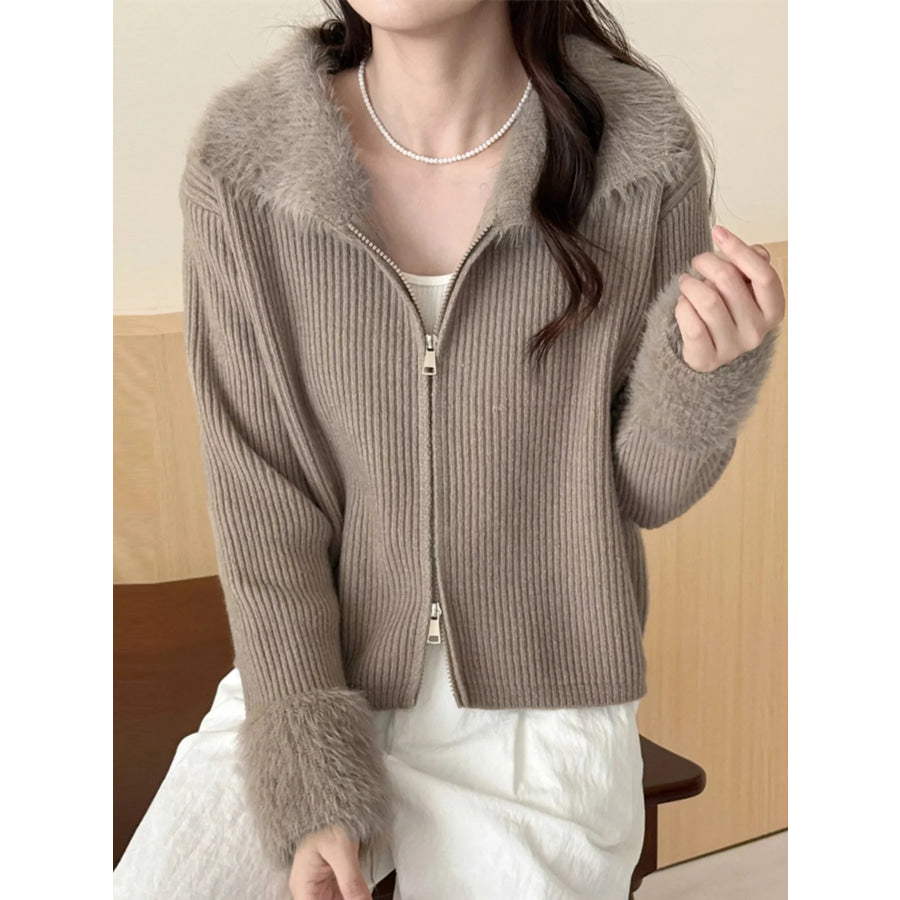 Fluffy Trim Zip-Up Cardigan Taupe / One Size Apparel and Accessories