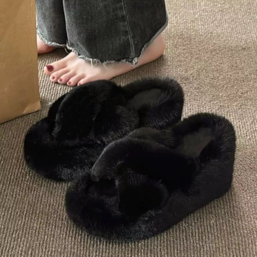 Fluffy Wedge Slippers Black / 35 Apparel and Accessories
