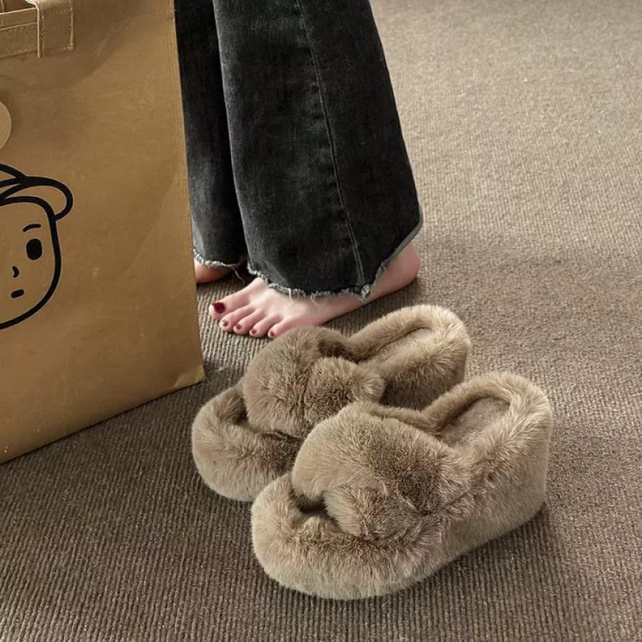 Fluffy Wedge Slippers Khaki / 35 Apparel and Accessories