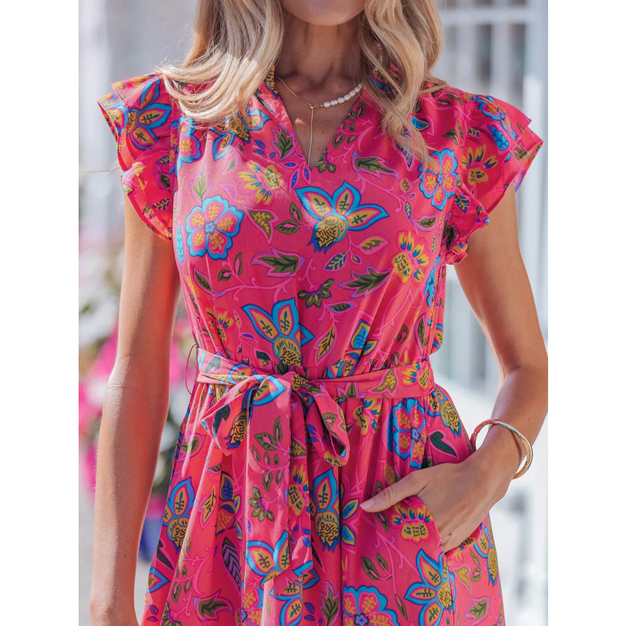Flutter Sleeve Belted Floral Dress Apparel and Accessories