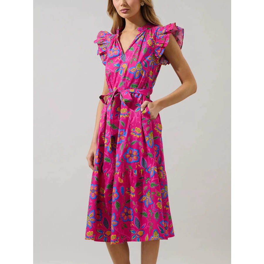 Flutter Sleeve Belted Floral Dress Apparel and Accessories