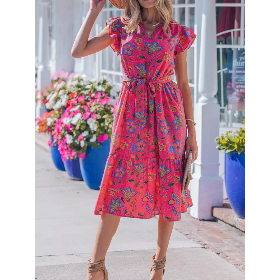 Flutter Sleeve Belted Floral Dress Apparel and Accessories