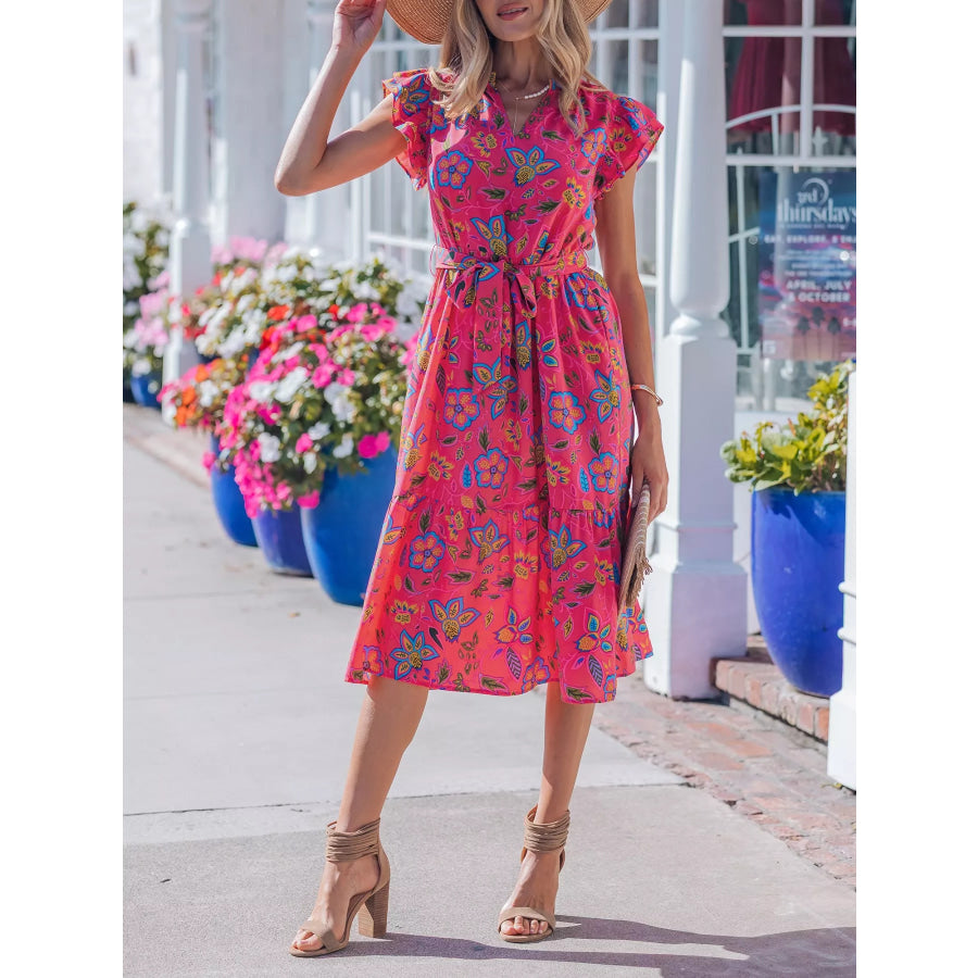Flutter Sleeve Belted Floral Dress Cerise / S Apparel and Accessories