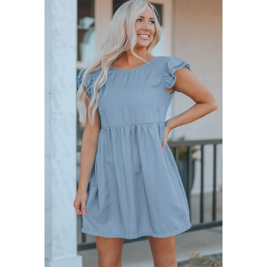 Flutter Sleeve Ruched Mini Dress Sky Blue / S