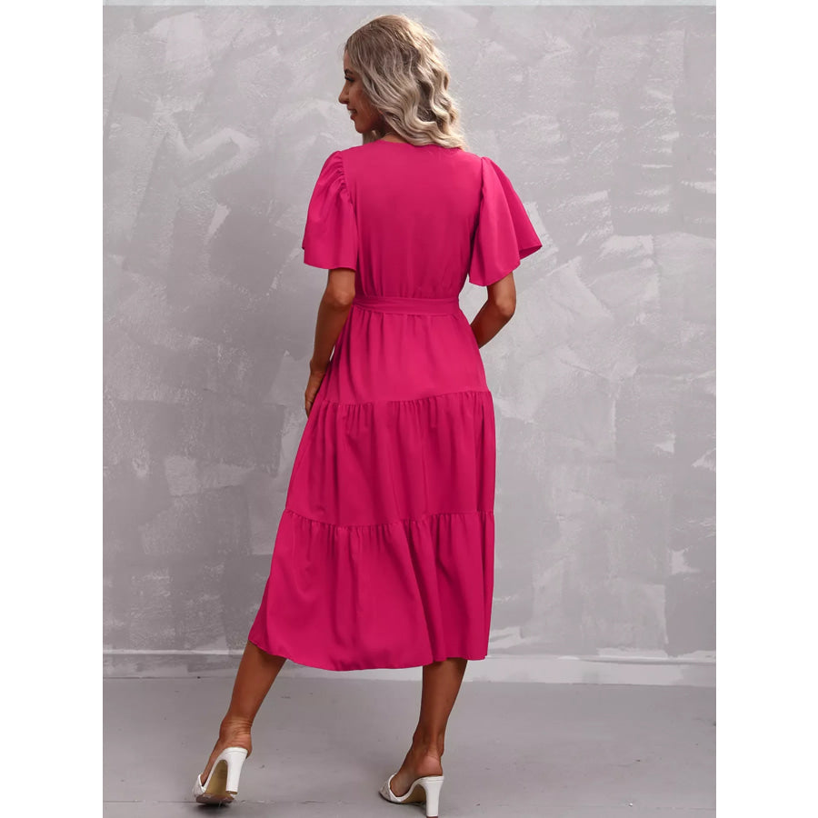 Flutter Sleeve Tiered Midi Dress Apparel and Accessories