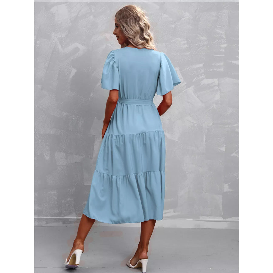 Flutter Sleeve Tiered Midi Dress Apparel and Accessories