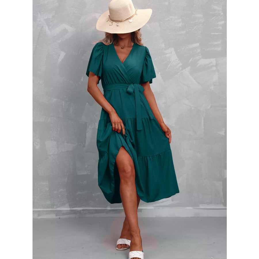 Flutter Sleeve Tiered Midi Dress Apparel and Accessories