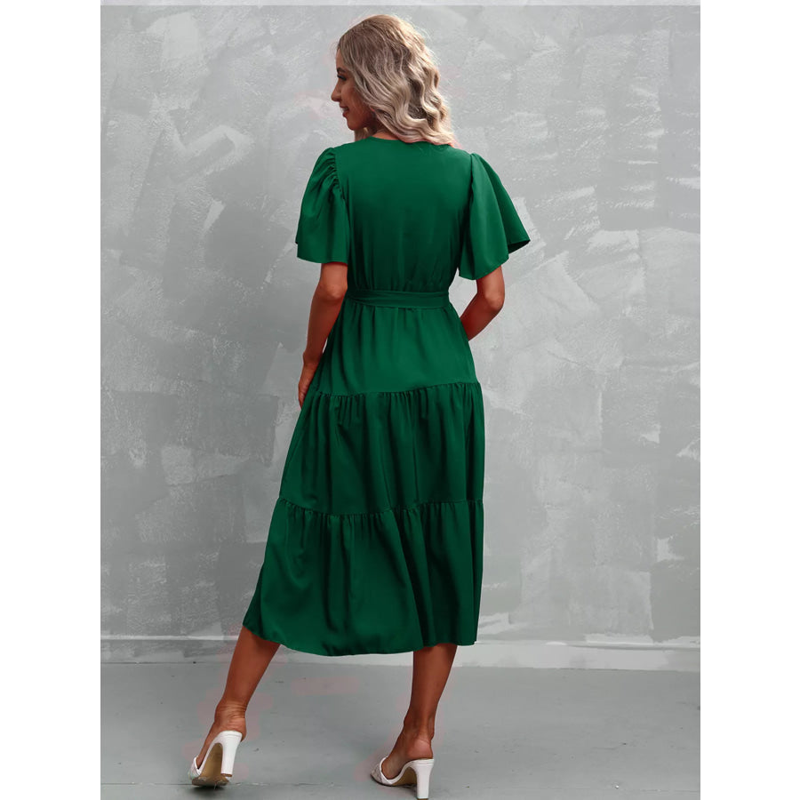 Flutter Sleeve Tiered Midi Dress Apparel and Accessories