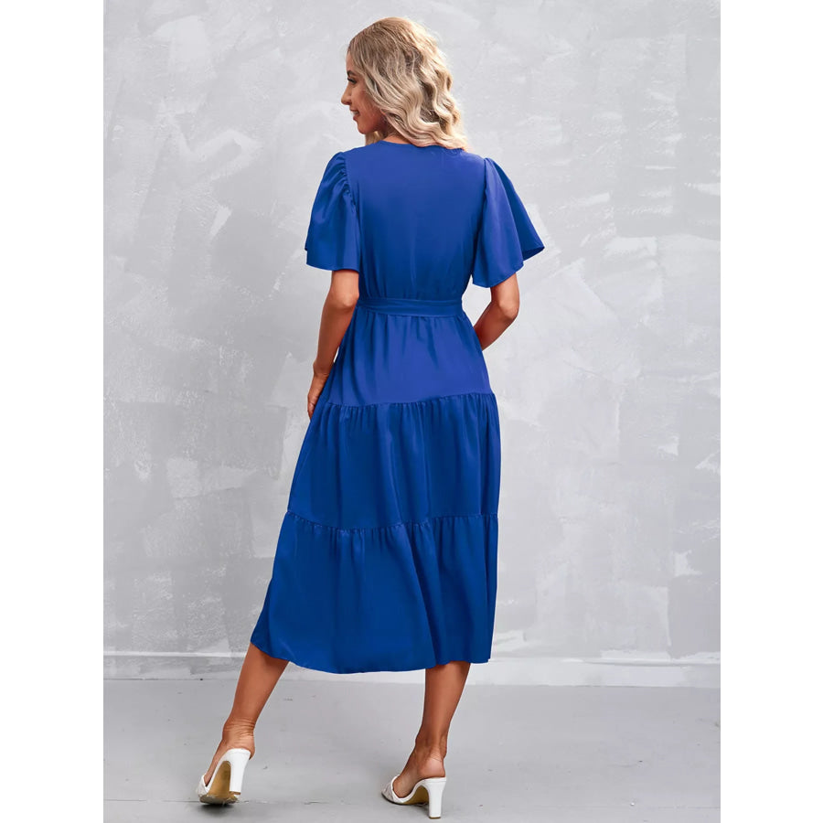 Flutter Sleeve Tiered Midi Dress Apparel and Accessories