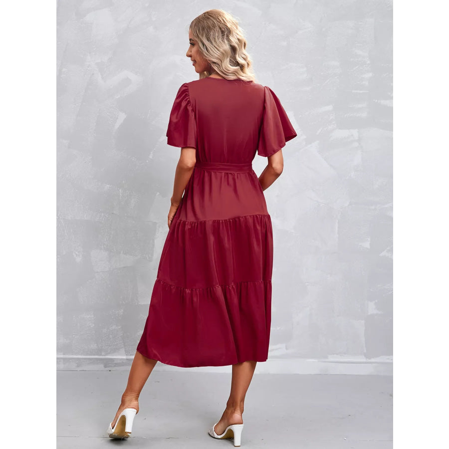 Flutter Sleeve Tiered Midi Dress Apparel and Accessories