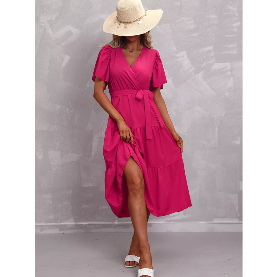 Flutter Sleeve Tiered Midi Dress Apparel and Accessories