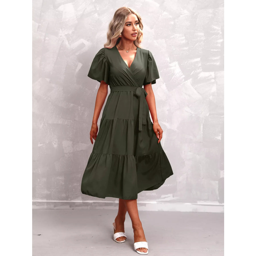 Flutter Sleeve Tiered Midi Dress Apparel and Accessories