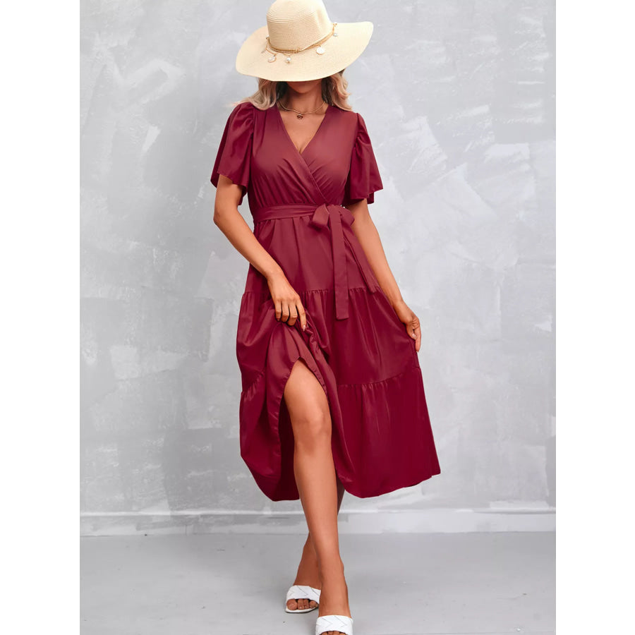 Flutter Sleeve Tiered Midi Dress Apparel and Accessories