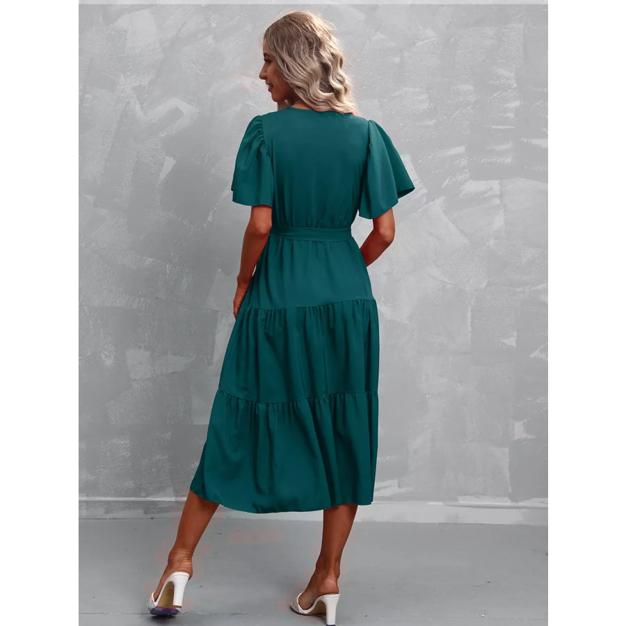 Flutter Sleeve Tiered Midi Dress Apparel and Accessories