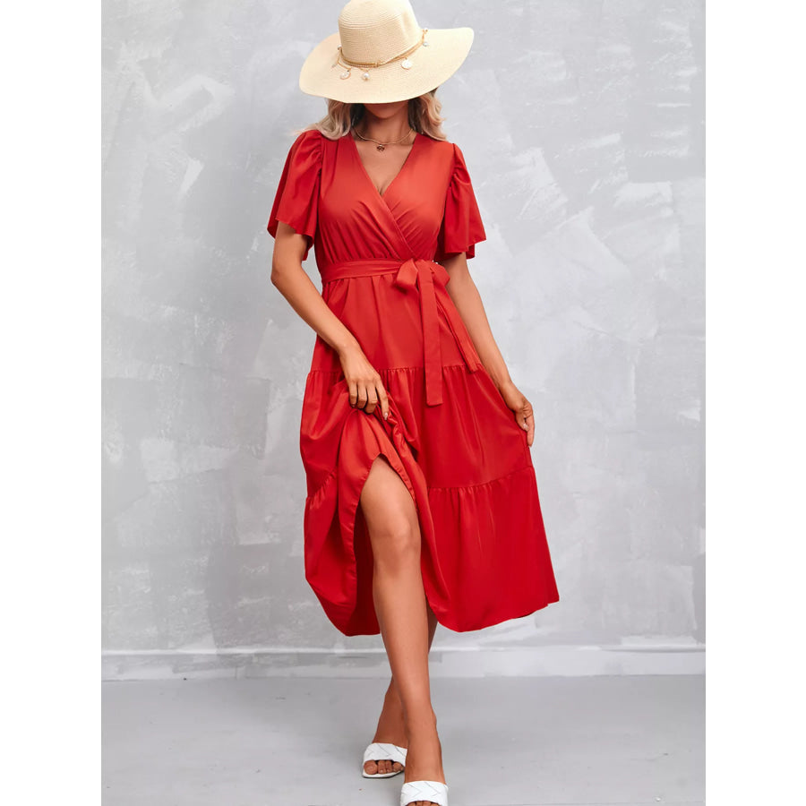 Flutter Sleeve Tiered Midi Dress Scarlet / S Apparel and Accessories