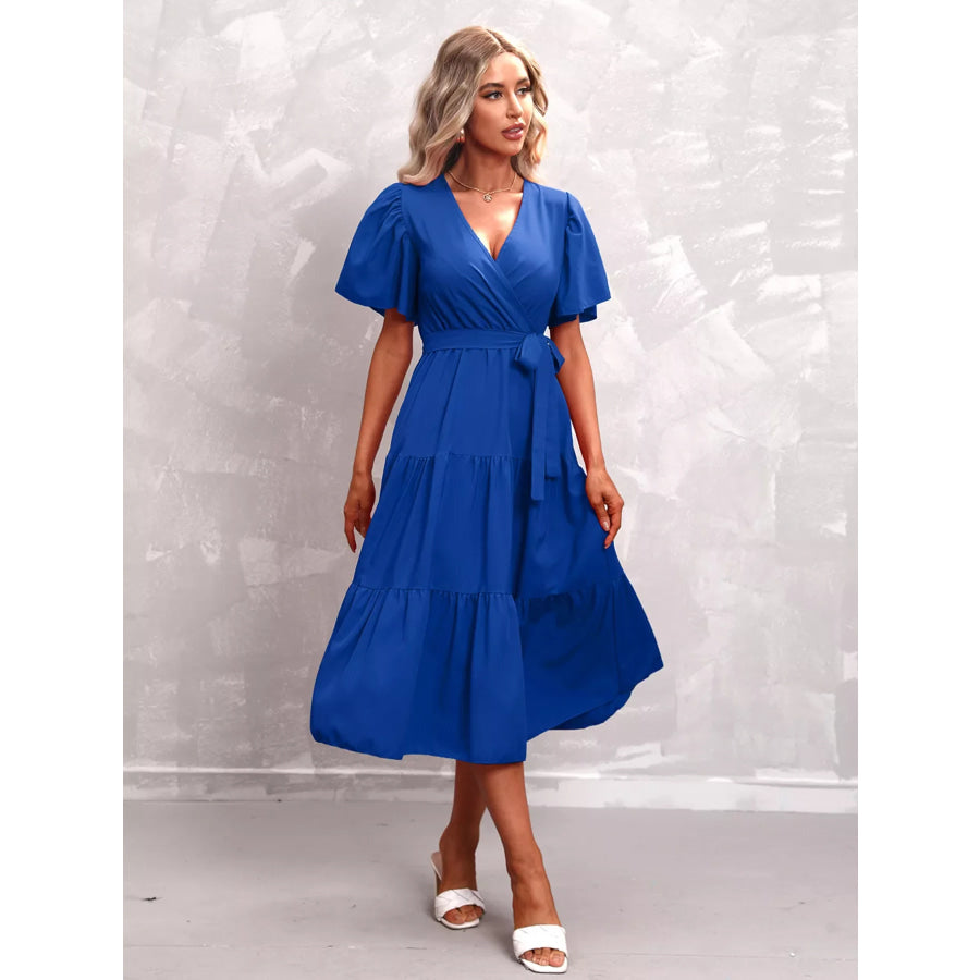 Flutter Sleeve Tiered Midi Dress Apparel and Accessories