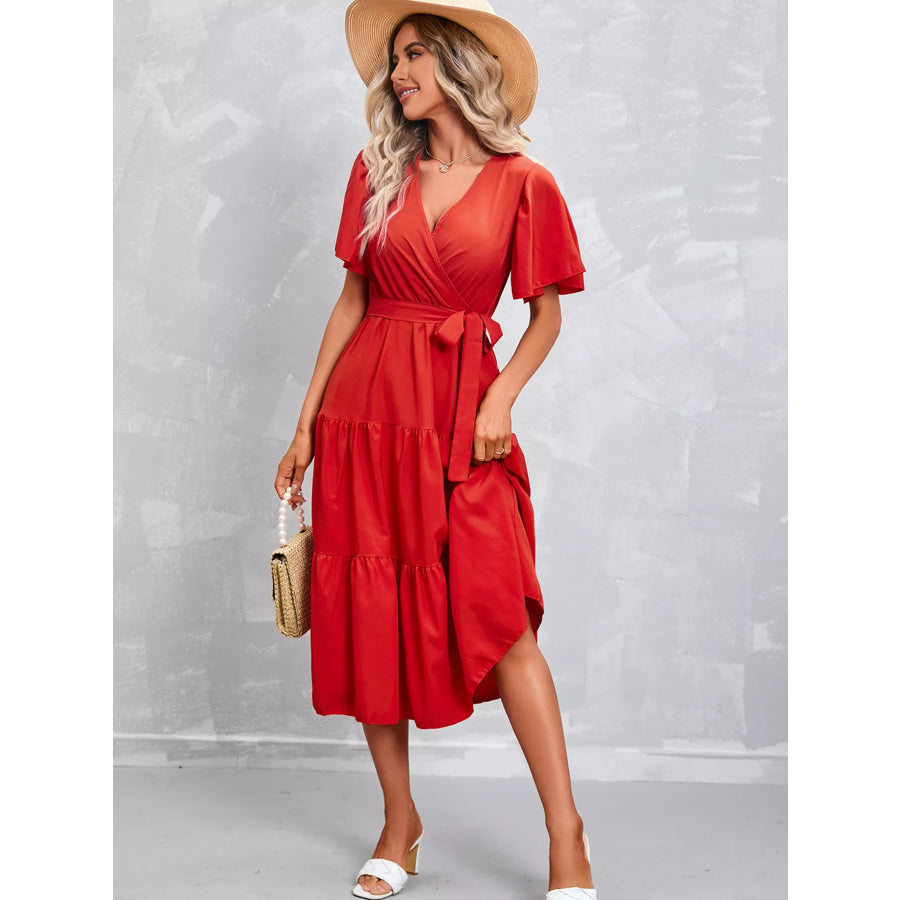 Flutter Sleeve Tiered Midi Dress Apparel and Accessories