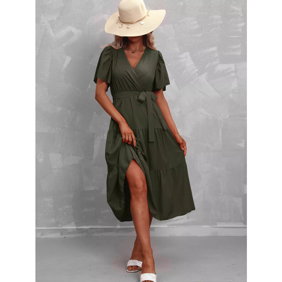 Flutter Sleeve Tiered Midi Dress Army Green / S Apparel and Accessories