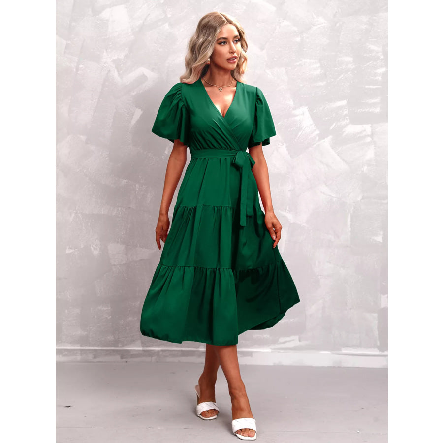 Flutter Sleeve Tiered Midi Dress Dark Green / S Apparel and Accessories