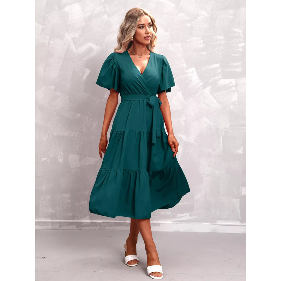Flutter Sleeve Tiered Midi Dress Deep Teal / S Apparel and Accessories