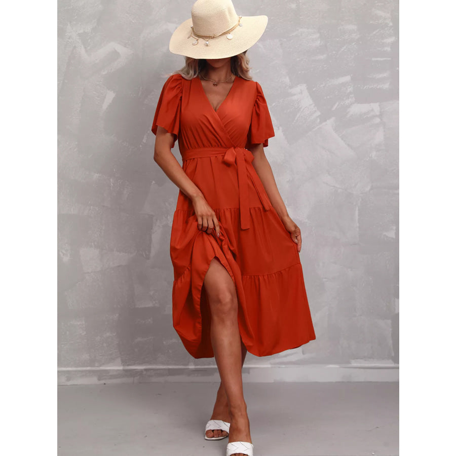 Flutter Sleeve Tiered Midi Dress Orange-Red / S Apparel and Accessories