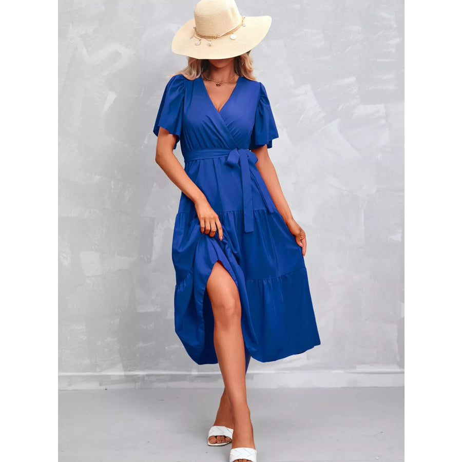 Flutter Sleeve Tiered Midi Dress Royal Blue / S Apparel and Accessories