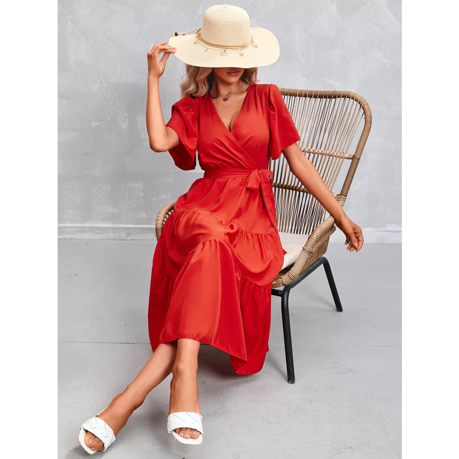 Flutter Sleeve Tiered Midi Dress Scarlet / S Apparel and Accessories