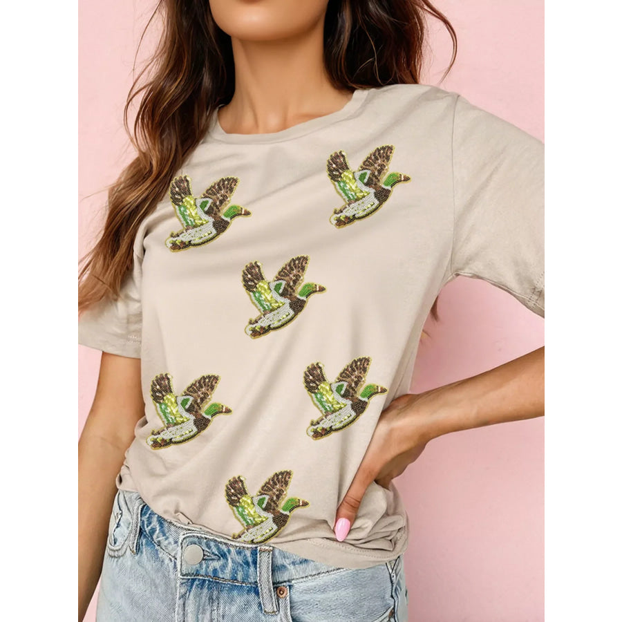 Flying Mallard Sequin Patched Short Sleeve Tee Khaki / S Apparel and Accessories