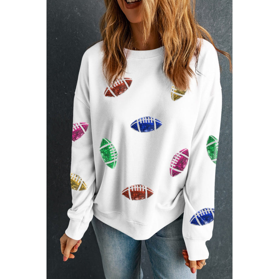Football Round Neck Long Sleeve Sweatshirt White / S Apparel and Accessories