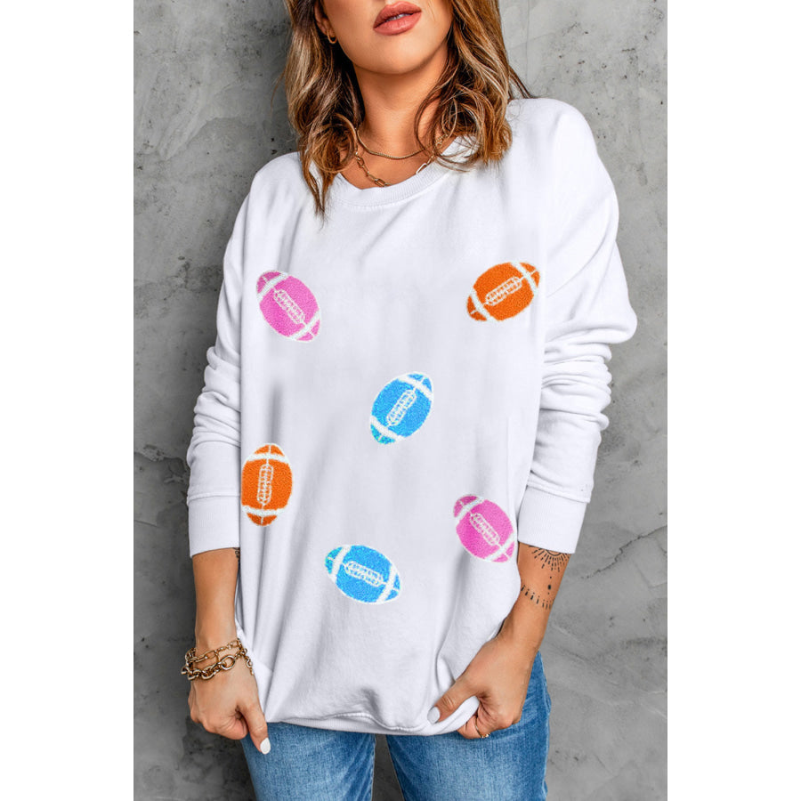Football Round Neck Long Sleeve Sweatshirt White / S Apparel and Accessories