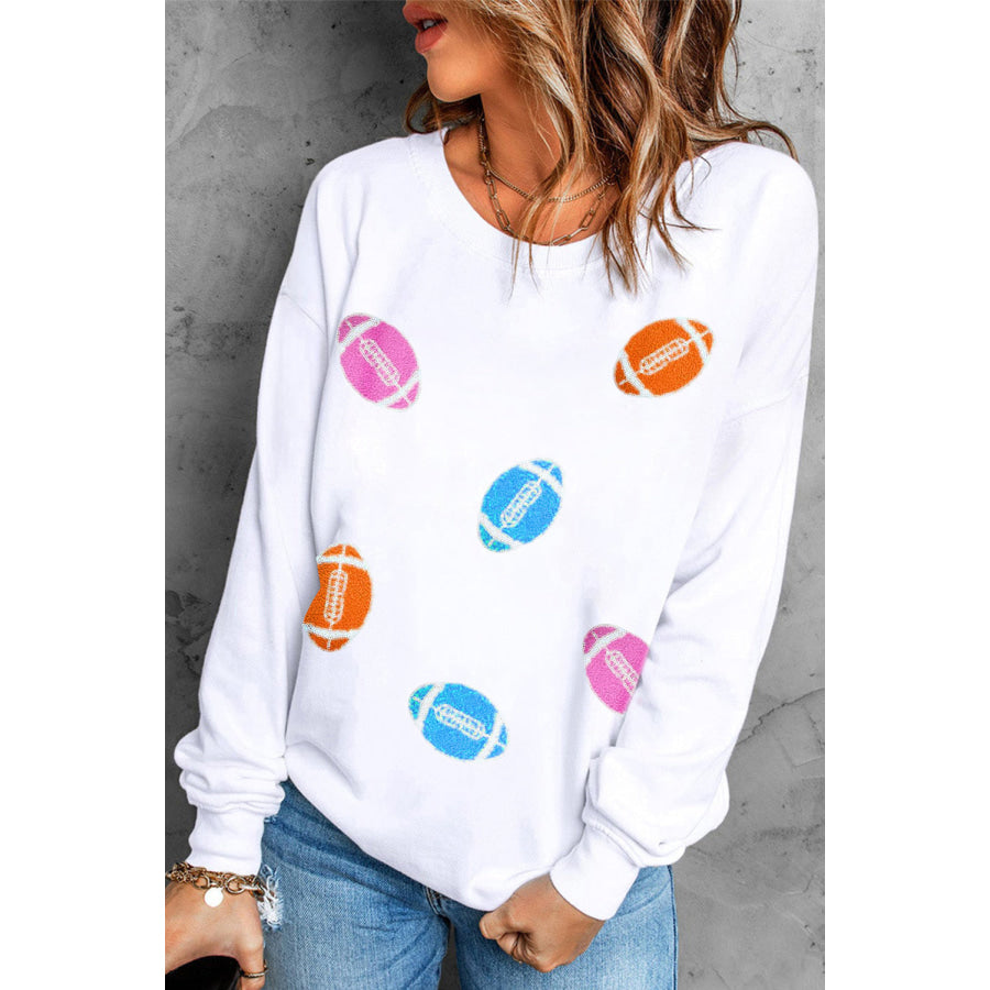 Football Round Neck Long Sleeve Sweatshirt White / S Apparel and Accessories