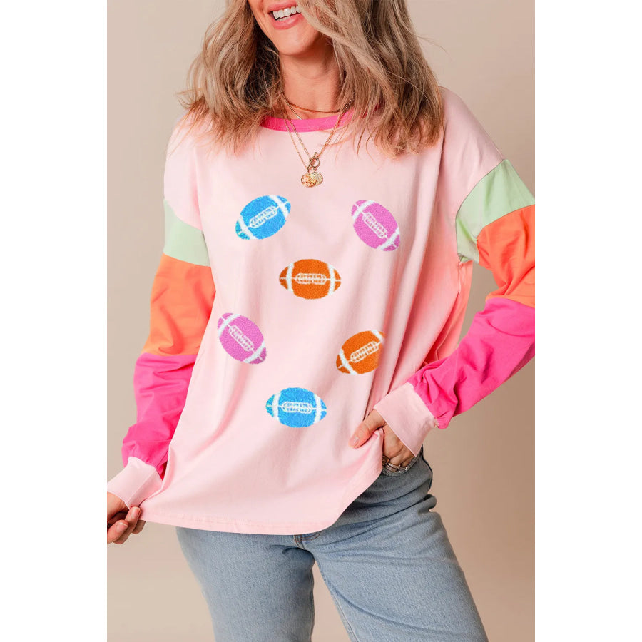 Football Round Neck Long Sleeve Top Blush Pink / S Apparel and Accessories