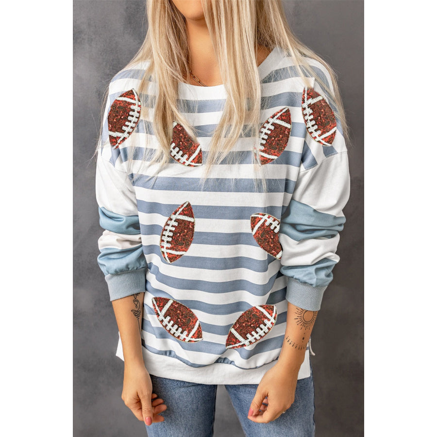 Football Striped Round Neck Long Sleeve Sweatshirt Light Blue / S Apparel and Accessories