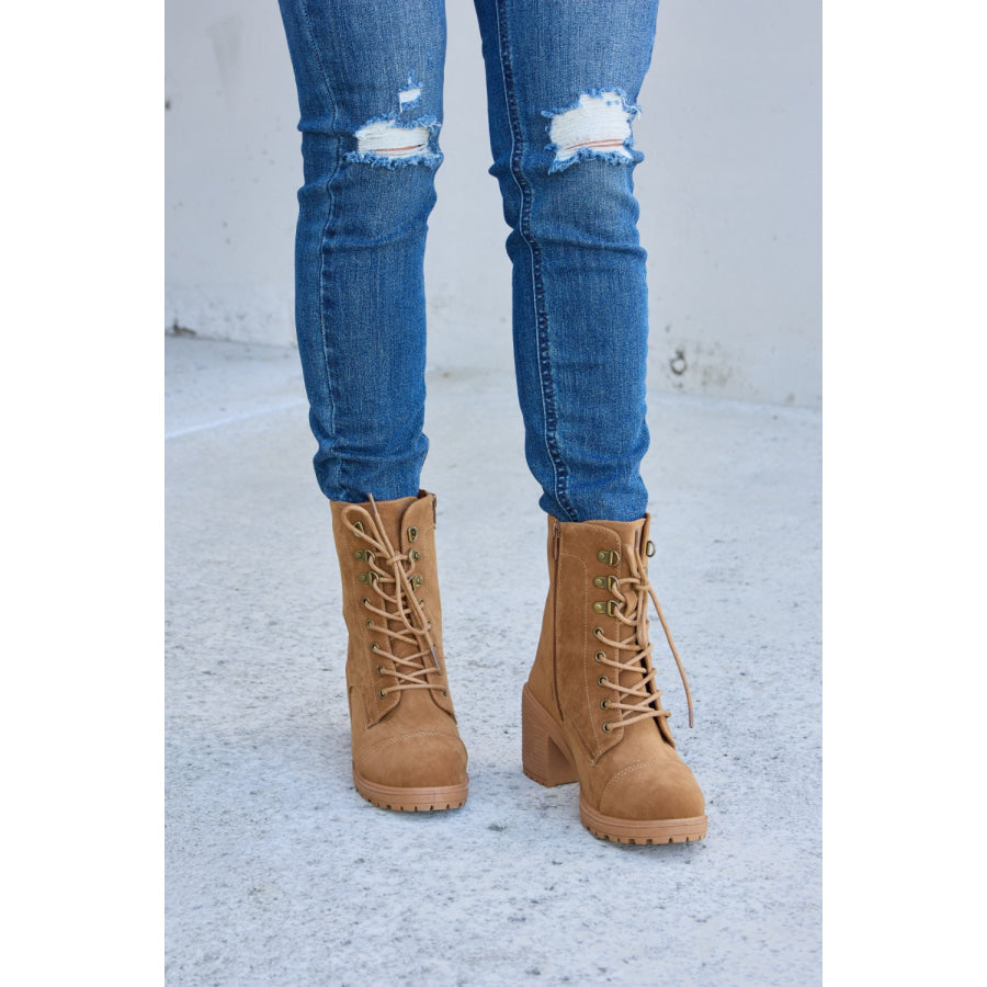 Forever Link Lace - Up Zipper Detail Block Heel Boots TAN / 5.5 Apparel and Accessories