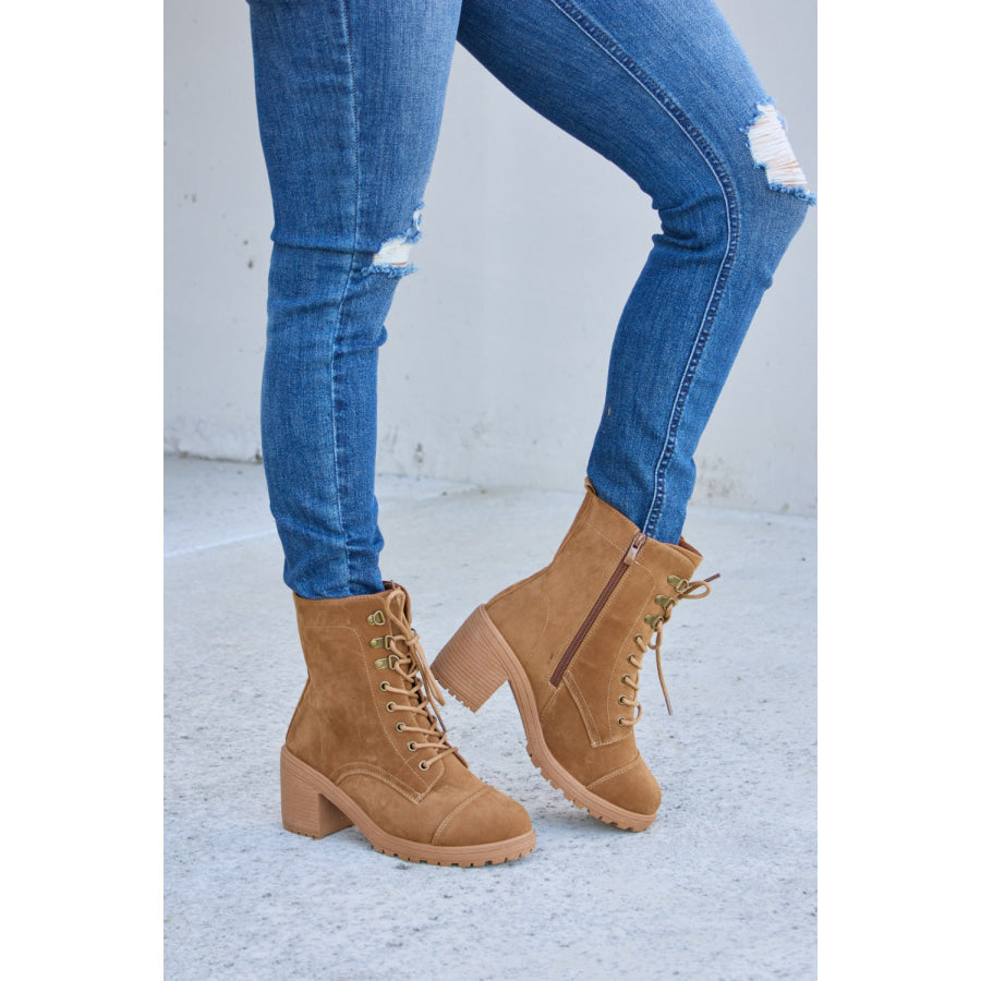 Forever Link Lace - Up Zipper Detail Block Heel Boots TAN / 5.5 Apparel and Accessories