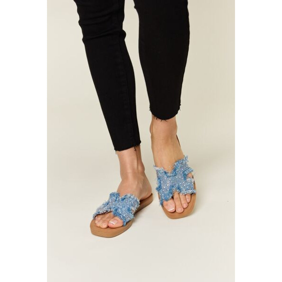 Forever Link Raw Trim Denim H - Band Flat Sandals BLUE / 6 Apparel and Accessories