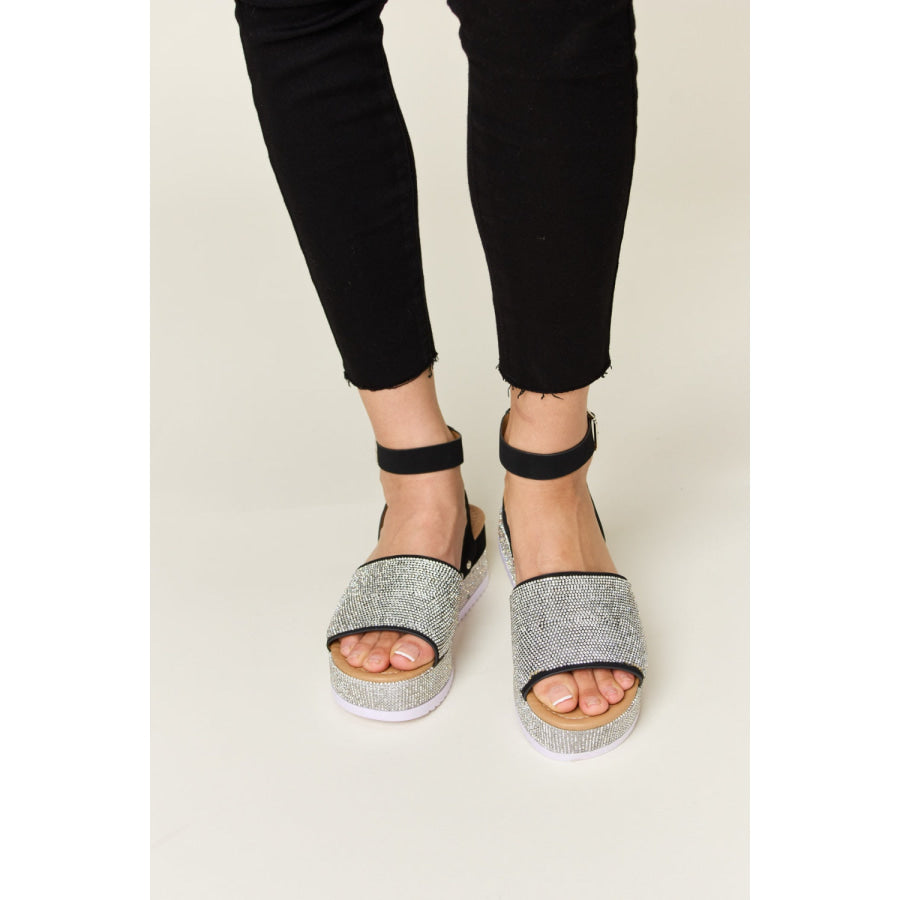 Forever Link Rhinestone Buckle Strappy Wedge Sandals Black / 6 Apparel and Accessories