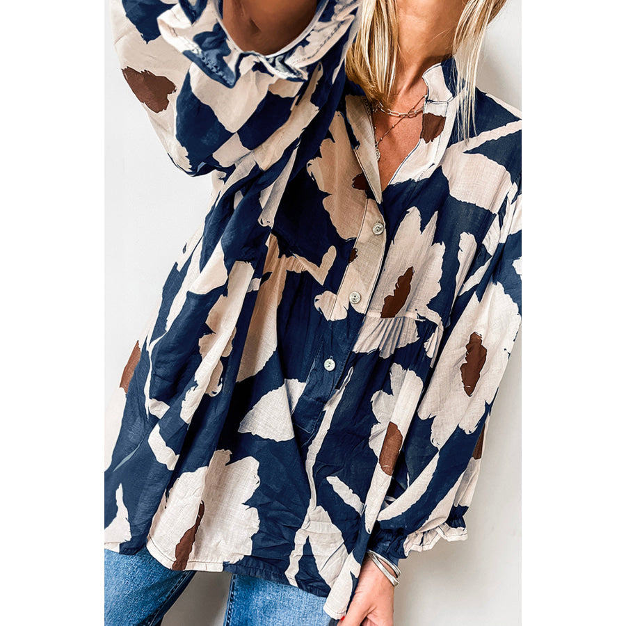 Four Leaf Clover Abstract Floral Print Puff Sleeve Half Button Blouse Sail Blue / S / 100% Polyester Tops/Blouses &amp; Shirts